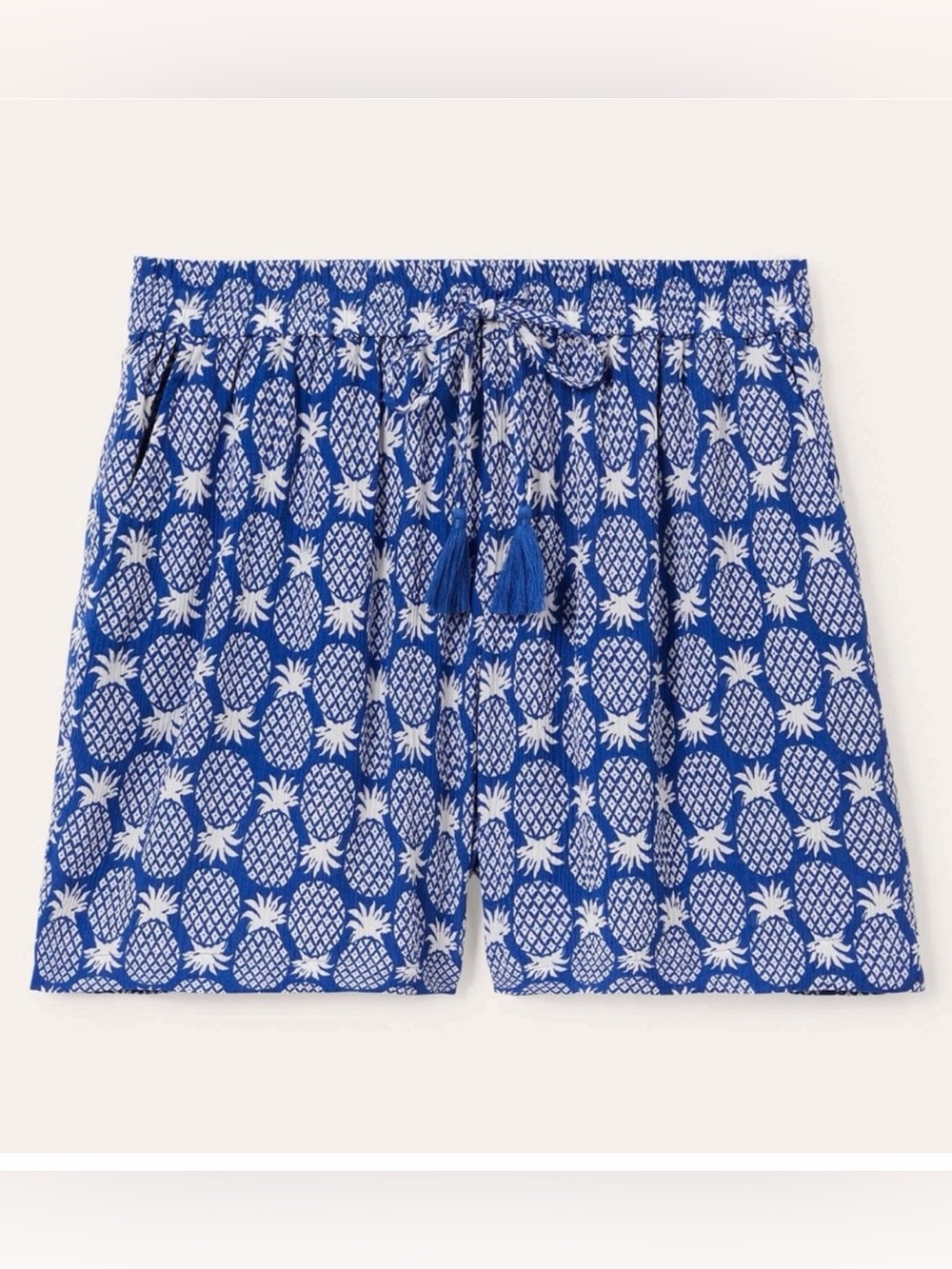 Boden Bembridge Blue Pineapple Shorts, Pull On Crinkle Fabric, Tassels